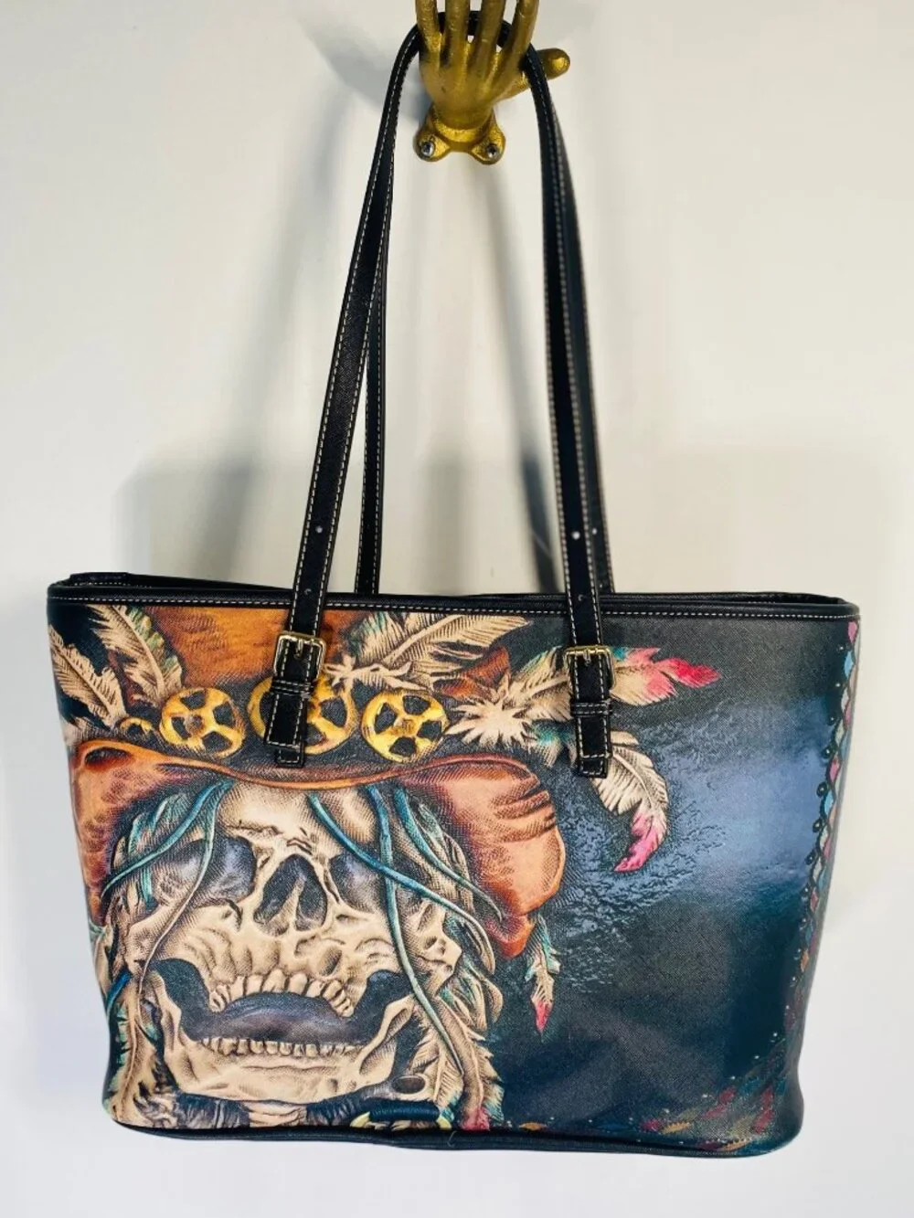 Skull Graphic Faux Leather Tote Bag With Adjustable Straps & Inner Pockets